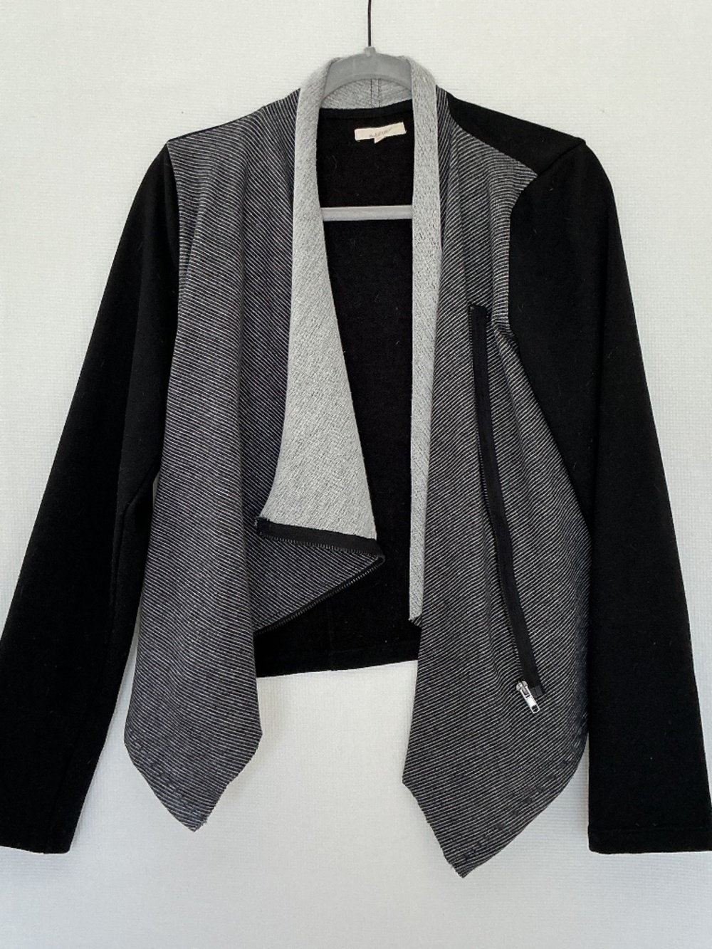 LA Mystree Mixed Media Asymmetric Drape Zip Jacket Black Gray Striped Cotton M